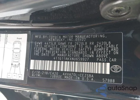2022 Toyota Camry Se from USA, damaged, VIN 4T1G11AKXNU659927